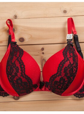 N361本命年大红色内衣蕾丝边撞色外贸原单文胸大罩杯胸罩70DE75E