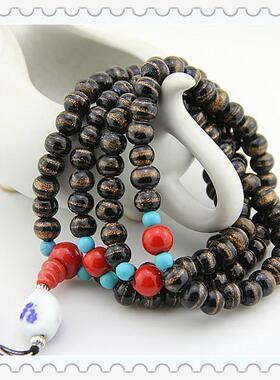 古玩老琉璃珠子8mm黑色缠金丝手工琉璃佛珠手链料珠弟子珠DIY散珠