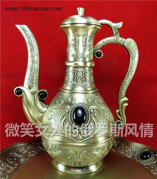 俄罗斯R3-0锡金属圆酒壶青古铜色黑珠花纹容量750毫升1斤半厚重