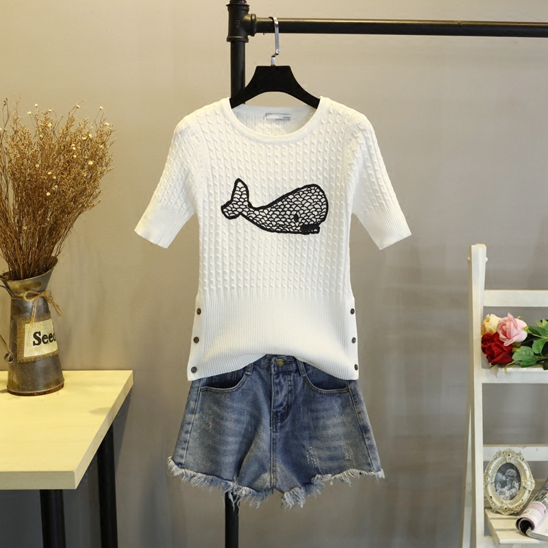 2018新款冰絲針織衫可愛鯨魚刺繡女上衣夏季ins短袖t恤女打底衫潮在類目 女裝/女士精品, 毛針織衫中 - 來自Buy2taobao.com提供專業的淘寶代購服務