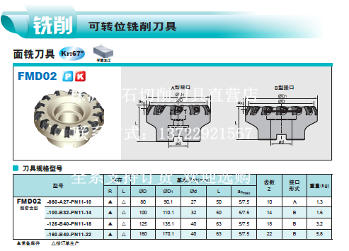 株洲钻石面铣刀盘FMD02-080-A27-PN11-10 FMD02-100-B32-PN11-14