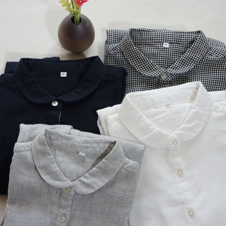 百搭文艺森系女 双层棉纱娃娃领长袖衬衫纯棉彼得潘元宝领