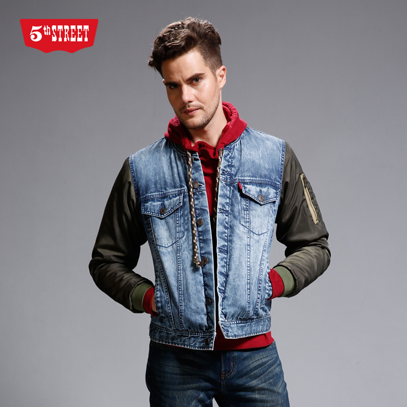 第五街男装修身棒球牛仔外套韩版休闲牛仔立领夹克 53650331