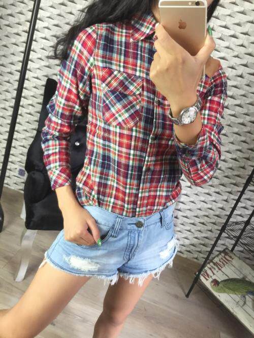 秋季新款磨毛大牌剪标长袖花格子衬衫女修身百搭棉衬衣女士上衣