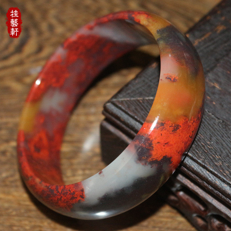 鸡血玉手镯玉镯天然玉石红黄黑白色刘关张口子料A货正品藏品孤品
