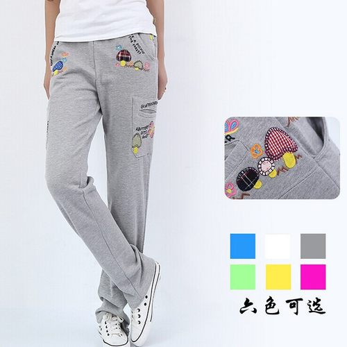 中腰绣花蘑菇卫裤休闲裤女长裤