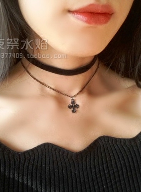 『魂惜』日韩哥特复古黑十字架吸血鬼万圣节朋克简绒带项链choker