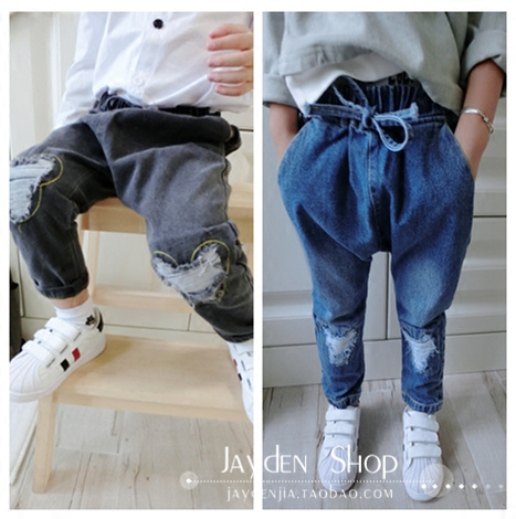 韩版纯棉破洞中小童哈伦裤