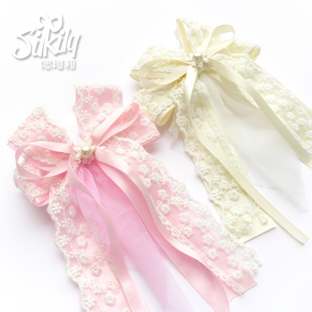7095#韓國兒童發飾刺繡蕾絲緞帶蝴蝶結發夾頂夾馬尾夾花童頭飾