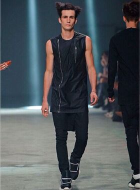 RO15ss春夏中长男款修身双拉链马甲无领偏开襟背心马甲