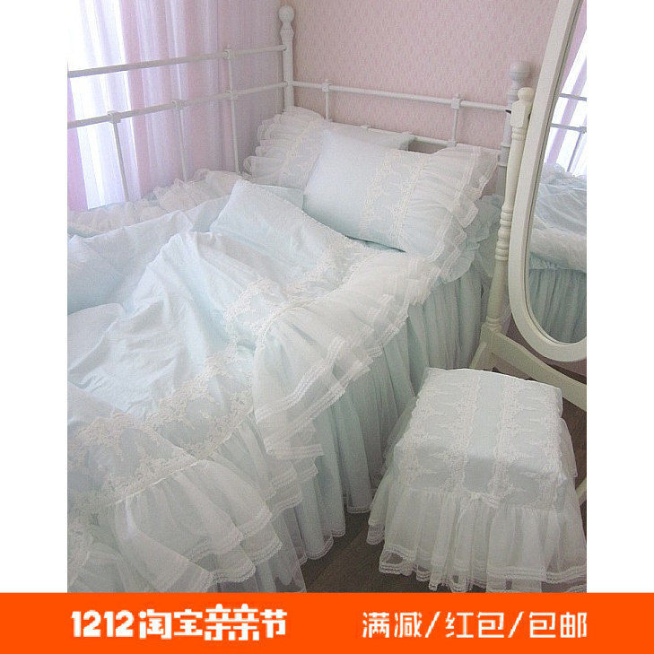 韩国进口粉淡蓝色梦幻蕾丝刺绣荷叶公主纱唯美婚庆床品四件套