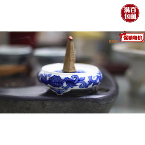 景德镇仿古瓷器清代手绘青花莲花三足沉香盘香炉茶道熏香座老厂货