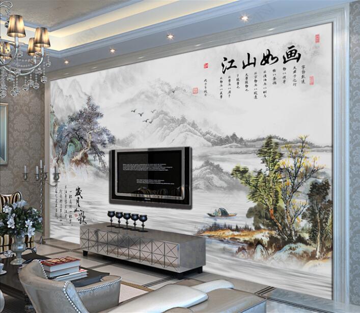中式江山如画电视背景墙国画岁月如歌8D壁画无缝墙纸5D凹凸真丝布