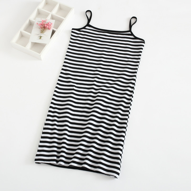 春夏新款外穿平行吊带背心裙女打底修身包臀中长款大码条纹连衣裙
