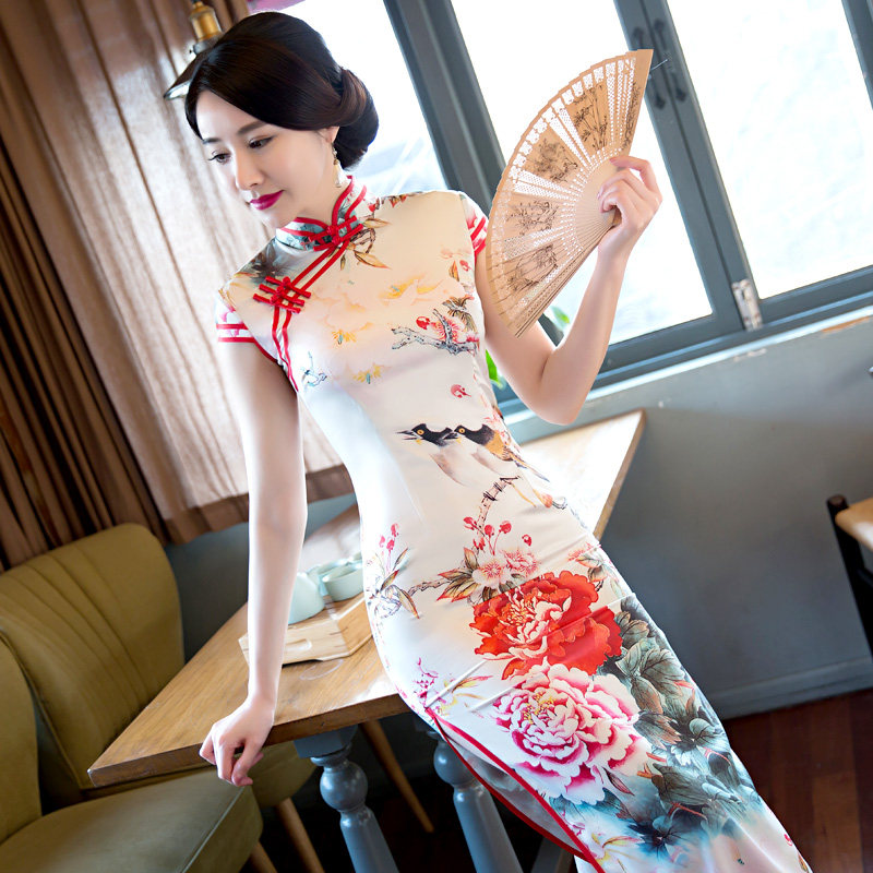 2025夏季新款长款旗袍修身连衣裙改良双层真丝绸演出走秀表演礼服