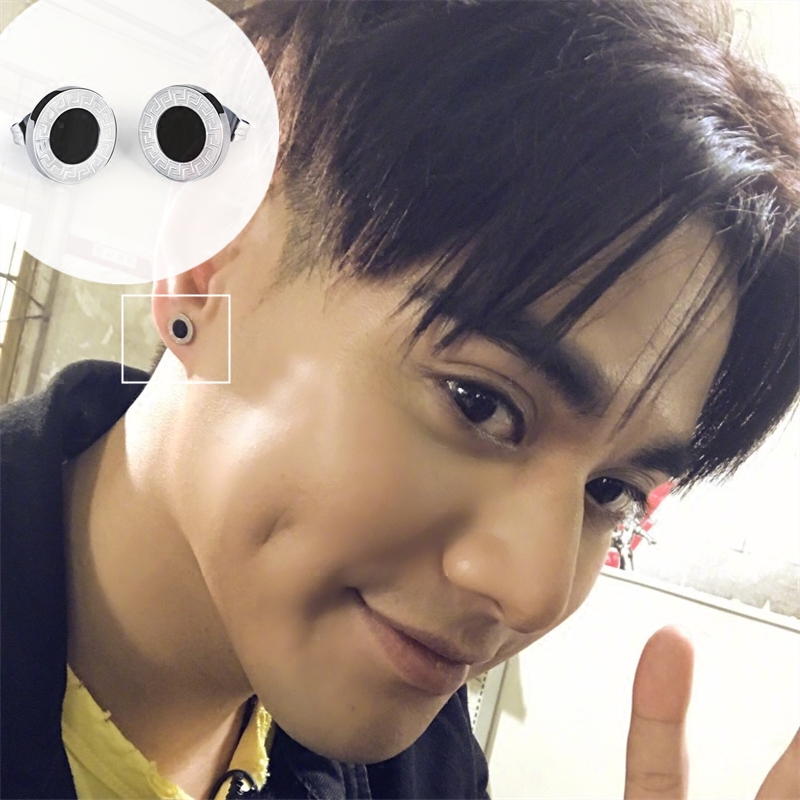 二次初恋路大民杜天皓同款耳钉双环黑色圆银色耳环长城纹个性时尚