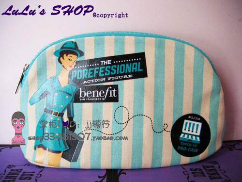 Benefit贝玲妃反孔精英professional蓝色条纹帆布化妆包手拿包