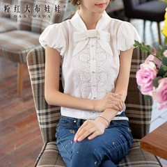 White shirt female pink doll 2015 summer dress new bow lace ruffled shirt with short sleeves