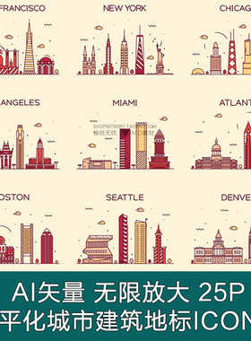 A2642矢量扁平化城市建筑地标北京深圳台北广州天津 AI设计素材