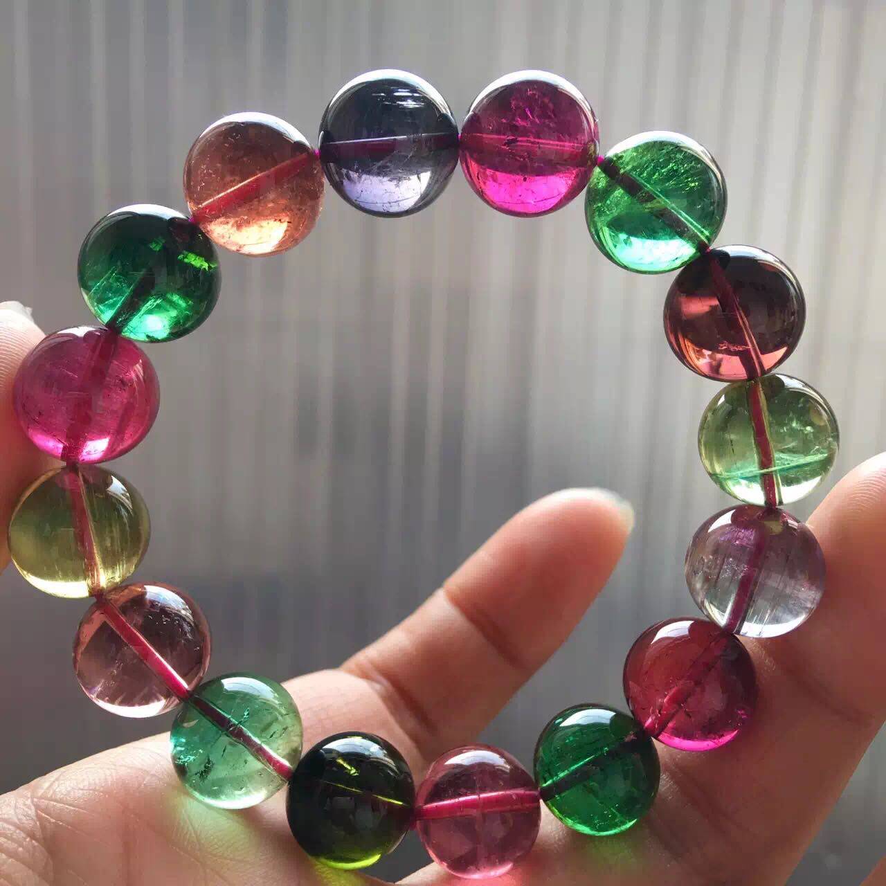 巴西碧玺手链 纯天然 玻璃体 彩色正 碧玺手链 女款12mm