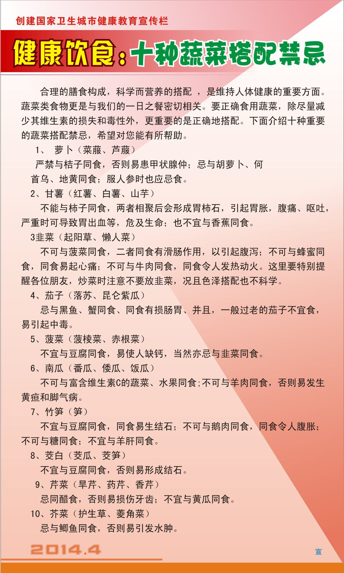 740海报印制写真喷绘295医院健康知识宣传栏9十种蔬菜搭配禁忌