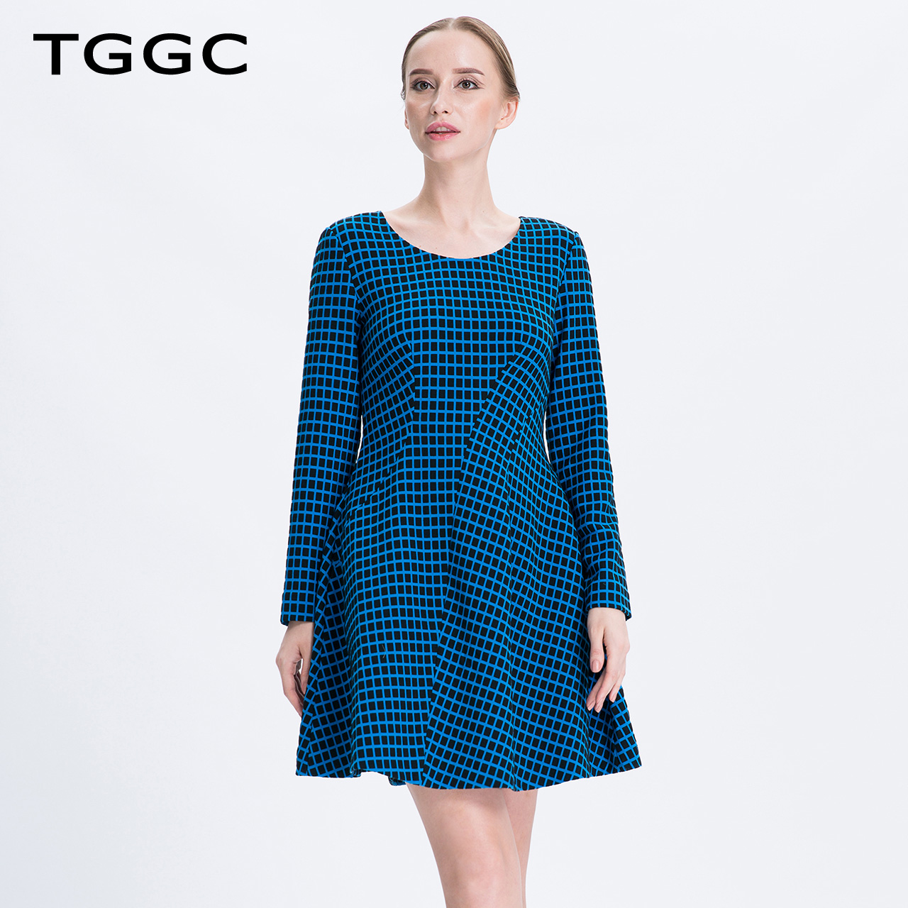 TGGC 2018´º×°Ê±ÉÐײɫ¸ñ×ÓÊÕÑü³¤ÐäÐÞÉí¸ßÑüÌỨŮÁ¬ÒÂȹF18659