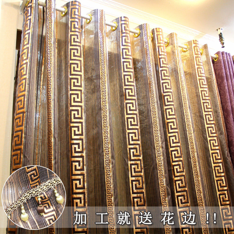 现代中式简约金丝回形纹高档窗帘窗纱帘客厅卧室书房透光条纹定制