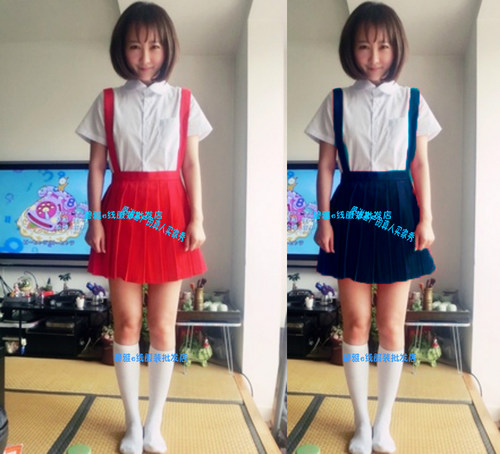 红蓝色背带裙学生裙小丸子百褶裙