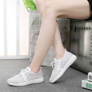 新款 学生跑步鞋 网鞋 2024夏季 平底休闲网面鞋 女韩版 白色透气运动鞋