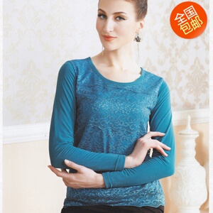 舒卡丝48137保暖加厚圆领镂空长袖打底衫薄绒蕾丝衫单件网纱内衣