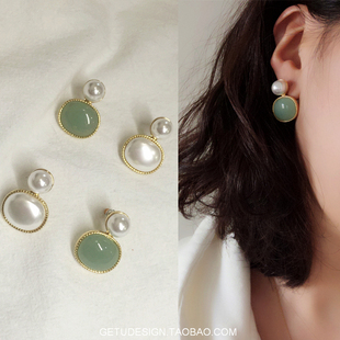 温润如玉 气质复古vintage珍珠仿玉石优雅港风超仙气质耳钉女