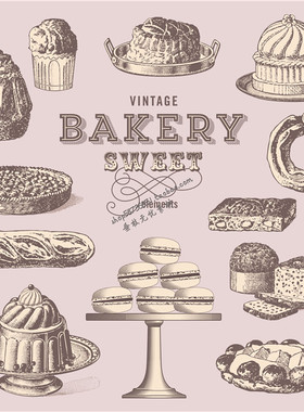 A1752矢量复古线稿图烘焙甜品蛋糕摆盘马卡龙 AI设计素材