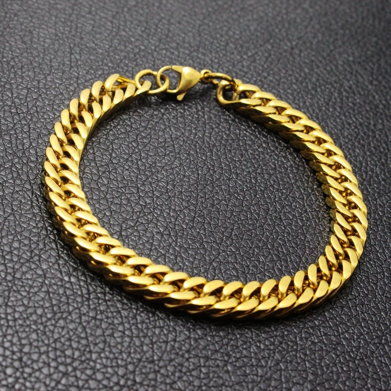 不掉色金色嘻哈古巴钛钢男手链