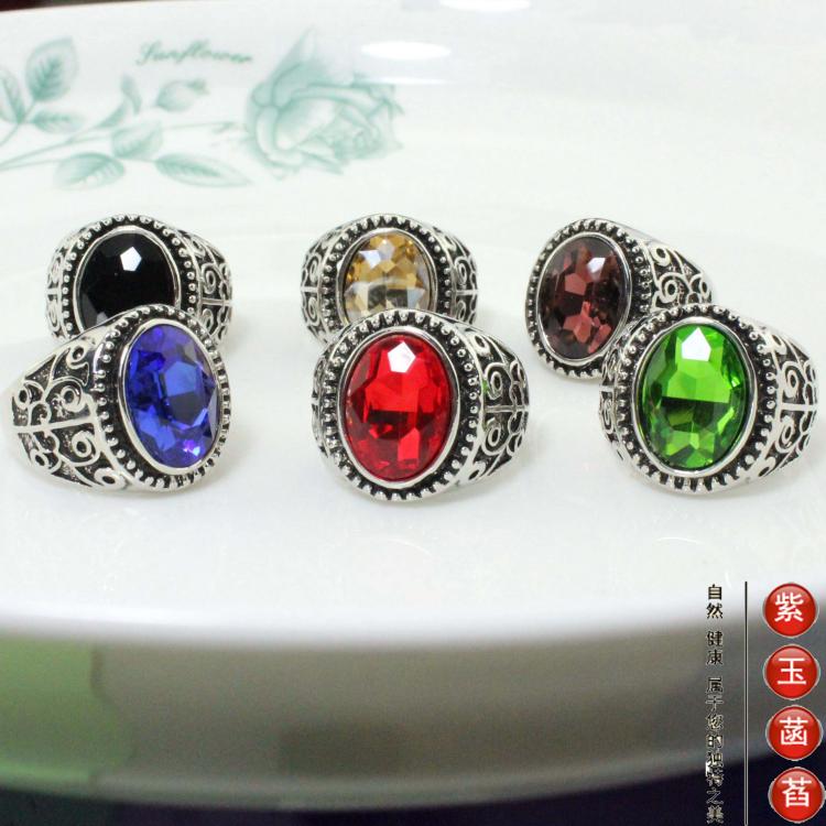 戒指男士欧美复古彩宝椭圆蓝宝6色多码凯特王妃宝石情侣戒cb031