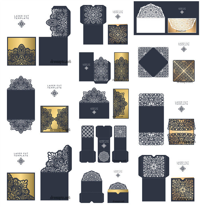 [84]AI矢量设计素材 复古优雅花纹婚礼请柬邀请函展开图模板