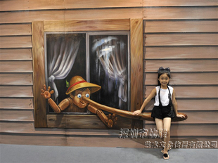 手绘卡通3D立体壁画定制 3D卡通画展之木偶奇遇记卡通人物匹诺曹