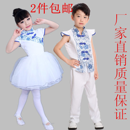 六一儿童青花瓷演出服民族中国风连衣裙古筝表演服女童公主蓬蓬裙
