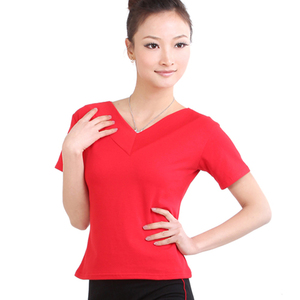春夏短袖舞蹈服瑜伽t恤健美操上装练功服健身服吸汗V领广场舞上衣