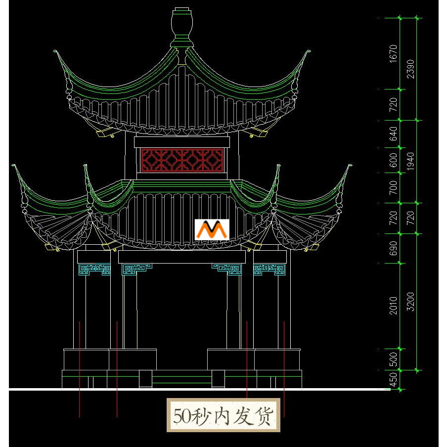 W213八角四方重檐亭施工图CAD二层重檐木结构八角亭施工图纸CAD