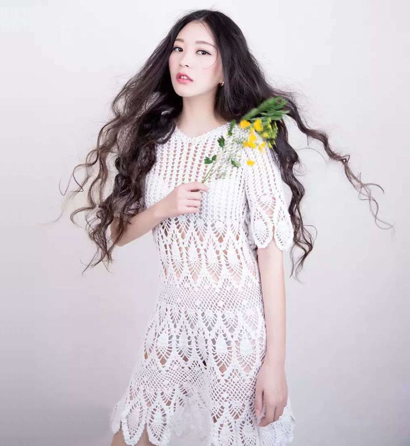 定制 手工钩织勾花圆领五分袖连衣裙子 勾花套衫 针织衫女装1179