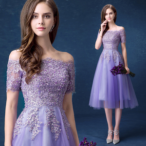 Purple bridal toast and bridesmaid dress for a short dinner party wedding dress