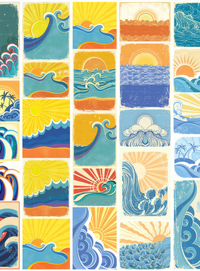 矢量设计素材 25张复古日式风格海浪太阳插画图案海报模板 EPS