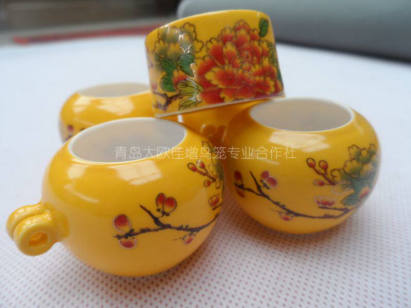 大欧鸟笼景德镇烧制靛颏红子玉鸟食罐五件套金线牡丹