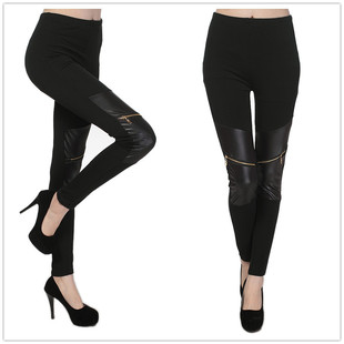 欧美新款时尚显瘦膝盖拉链拼皮补丁拼接打底裤  leggings