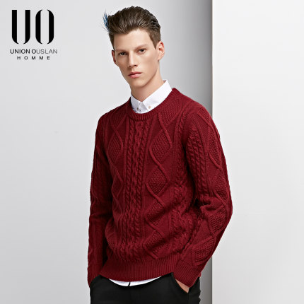 UO轻熟男装2015冬季新款酒红色提花毛衣男圆领套头修身复古针织衫