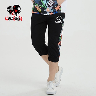 潮流指标 韩版 男女同款 酷样BEN&BABU黑色侧边满花拼布七分针织裤