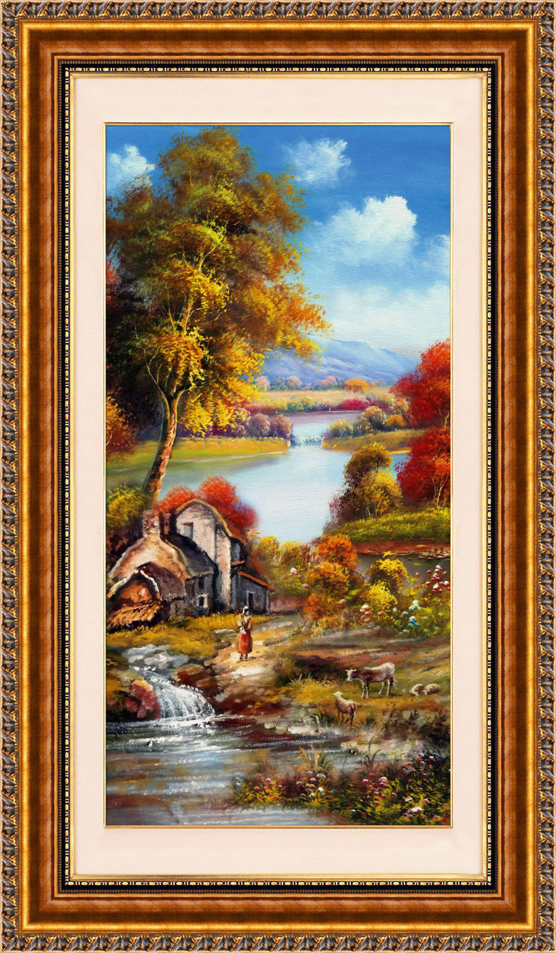 756海报印制展板写真喷绘710油画丛林木屋蓝天白云山水风景装饰画