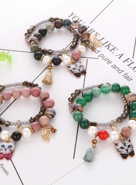 叶子猫猫手链女韩版送两件套串珠