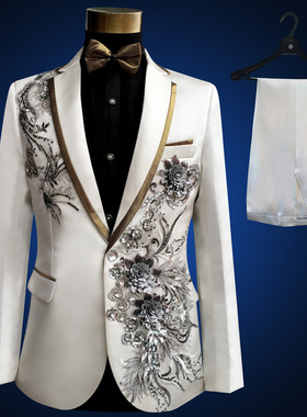 舞台钢琴西服套装晚礼服歌手司仪主持人白色绣花婚礼男士演出礼服