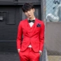 Phù hợp với quần tây nam ba mảnh phù hợp với Hàn Quốc Slim màu rắn phù rể phù hợp với phù hợp với váy áo khoác nam màu đỏ - Suit phù hợp áo len nam